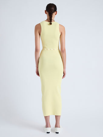 Back full length image of model wearing Cole Knit Dress in Viscose Rib in PALE YELLOW