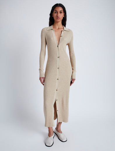 Front image of model wearing Phillips Knit Dress in Micro Cable in CASHEW