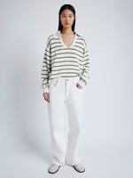 Front image of model wearing Stripe Murphy Sweater in Cotton Cashmere in CHALK/WILLOW