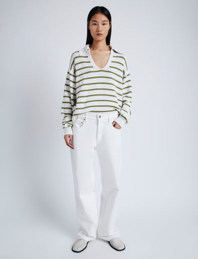 Front image of model wearing Stripe Murphy Sweater in Cotton Cashmere in CHALK/WILLOW
