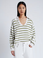 Cropped front image of model wearing Stripe Murphy Sweater in Cotton Cashmere in CHALK/WILLOW
