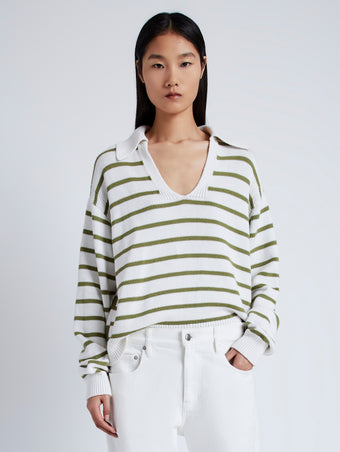 Cropped front image of model wearing Stripe Murphy Sweater in Cotton Cashmere in CHALK/WILLOW