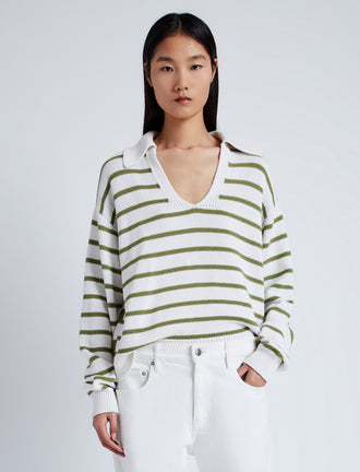 Cropped front image of model wearing Stripe Murphy Sweater in Cotton Cashmere in CHALK/WILLOW