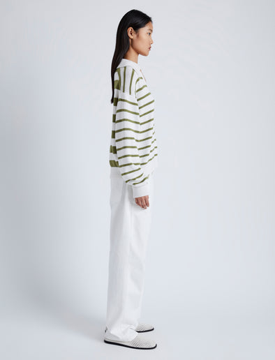 Side image of model wearing Stripe Murphy Sweater in Cotton Cashmere in CHALK/WILLOW