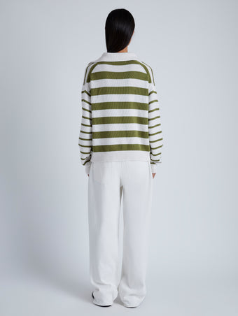 Back image of model wearing Stripe Murphy Sweater in Cotton Cashmere in CHALK/WILLOW