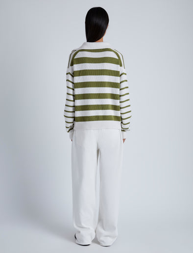 Back image of model wearing Stripe Murphy Sweater in Cotton Cashmere in CHALK/WILLOW