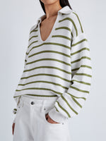 Detail image of model wearing Stripe Murphy Sweater in Cotton Cashmere in CHALK/WILLOW