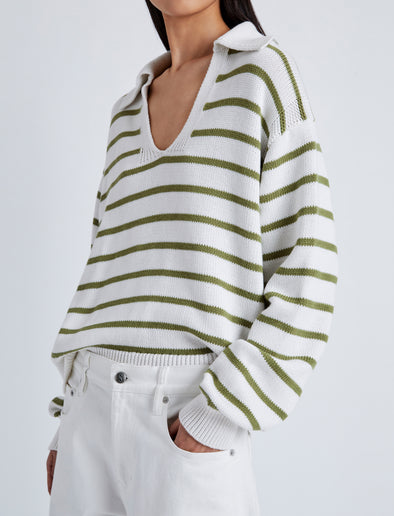 Detail image of model wearing Stripe Murphy Sweater in Cotton Cashmere in CHALK/WILLOW