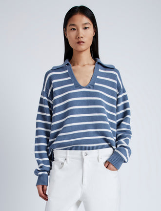 Front image of Stripe Murphy Sweater in Cotton Cashmere in CHALK/SLATE