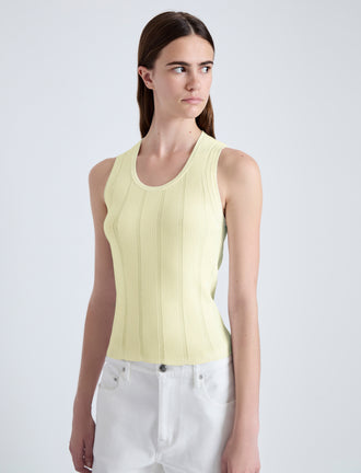 Detail image of model wearing Perry Knit Top in Compact Pointelle Rib in pale yellow