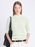 Front cropped image of model wearing Nicola Sweater in Zig Zag Pointelle in PISTACHIO