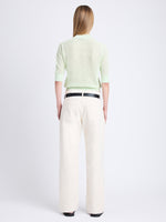 Back full length image of model wearing Nicola Sweater in Zig Zag Pointelle in PISTACHIO