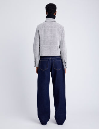 Proenza Schouler Back full length image of model wearing Rosie Jacket in Soft Twill Coating in WHITE/GREY