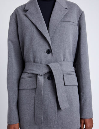 Proenza Schouler Detail image of model wearing Lincoln Jacket in Melange Flannel in GREY MELANGE