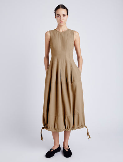 Proenza Schouler Front full length image of model wearing Marley Dress in Tech Cotton in DARK BIRCH