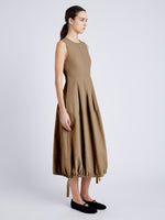 Proenza Schouler Side full length image of model wearing Marley Dress in Tech Cotton in DARK BIRCH