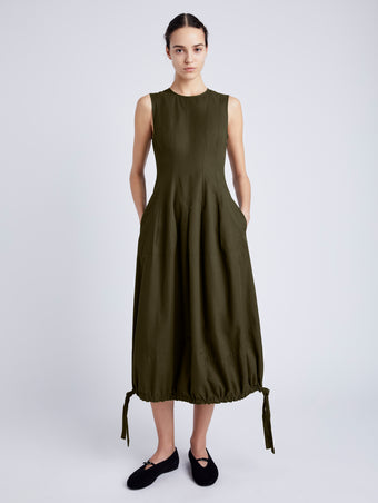 Proenza Schouler Front full length image of model wearing Marley Dress in Tech Cotton in DARK FERN