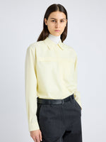 Proenza Schouler Detail image of model wearing Rose Shirt in Fine Wool in LIGHT YELLOW