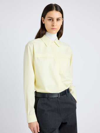 Proenza Schouler Detail image of model wearing Rose Shirt in Fine Wool in LIGHT YELLOW