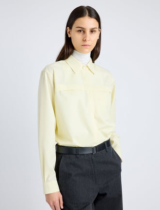 Proenza Schouler Detail image of model wearing Rose Shirt in Fine Wool in LIGHT YELLOW