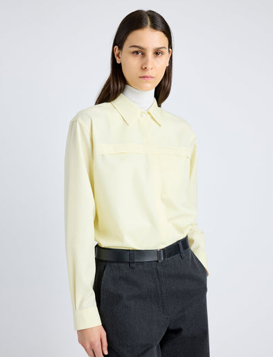Proenza Schouler Detail image of model wearing Rose Shirt in Fine Wool in LIGHT YELLOW