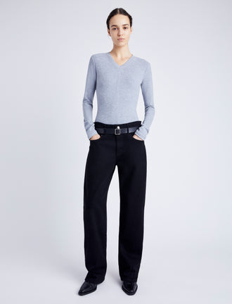 Proenza Schouler Front full length image of model wearing Delaney Bodysuit in Brushed Rib in ICE
