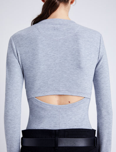 Proenza Schouler Detail image of model wearing Delaney Bodysuit in Brushed Rib in ICE