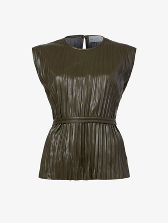 Proenza Schouler Still Life image of Lyra Pleated Top in Lightweight Faux Leather in DARK FERN