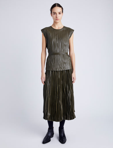 Proenza Schouler Front full length image of model wearing Lyra Pleated Top in Lightweight Faux Leather in DARK FERN