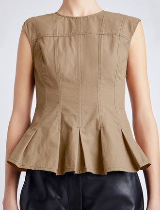 Proenza Schouler detail image of model wearing Felix Top in Tech Cotton in dark birch