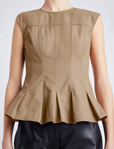 Proenza Schouler detail image of model wearing Felix Top in Tech Cotton in dark birch