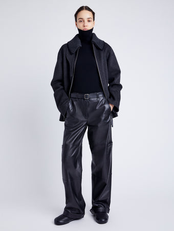 Proenza Schouler Front full length image of model wearing Mason Pant in Lightweight Leather in BLACK