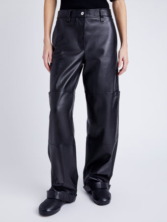 Proenza Schouler Front cropped image of model wearing Mason Pant in Lightweight Leather in BLACK
