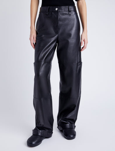 Proenza Schouler Front cropped image of model wearing Mason Pant in Lightweight Leather in BLACK