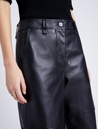 Proenza Schouler Detail image of model wearing Mason Pant in Lightweight Leather in BLACK