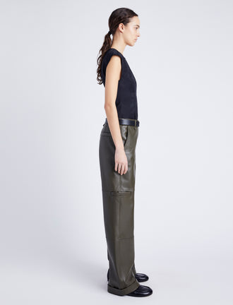 Proenza Schouler Side full length image of model wearing Mason Pant in Lightweight Leather in DARK FERN