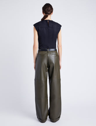 Proenza Schouler Back full length image of model wearing Mason Pant in Lightweight Leather in DARK FERN