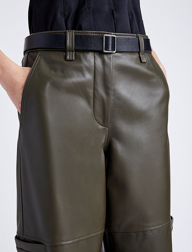Proenza Schouler Detail image of model wearing Mason Pant in Lightweight Leather in DARK FERN