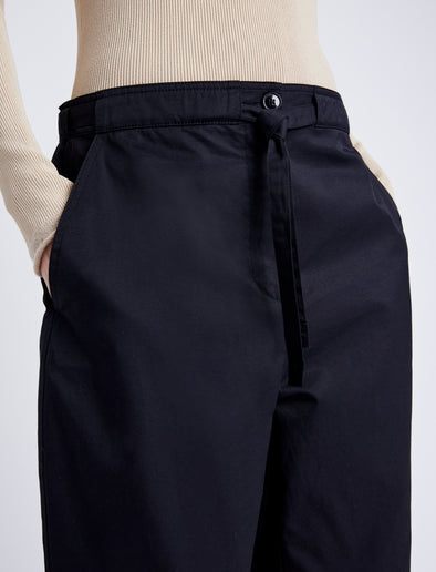 Proenza Schouler Detail image of model wearing Preston Drawstring Pant in Tech Cotton in BLACK