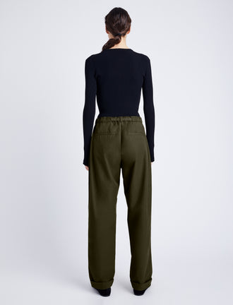 Proenza Schouler Back full length image of model wearing Preston Drawstring Pant in Tech Cotton in DARK FERN