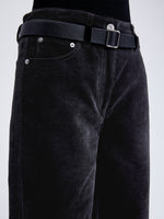 Proenza Schouler Detail image of model wearing Donovan Pant in Chenille Suiting in BLACK