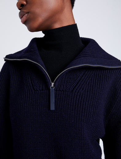 Proenza Schouler Detail image of model wearing Sienna Knit Sweater in Wool Blend in NAVY
