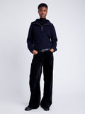 Proenza Schouler Front full length image of model wearing Sienna Knit Sweater in Wool Blend in NAVY with zip halfway down