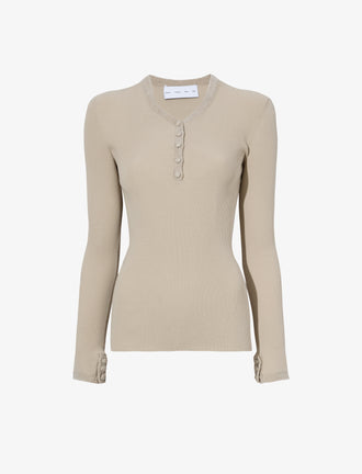 Proenza Schouler Flat image of Isla Knit Henley in Ribbed Knits in KHAKI