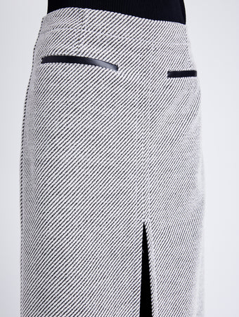 Proenza Schouler detail image of model wearing Kingsley Skirt in Soft Twill Coating in white/grey
