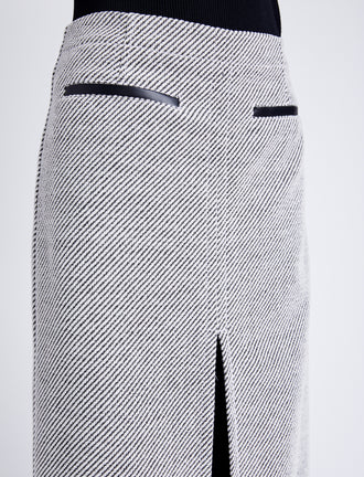 Proenza Schouler detail image of model wearing Kingsley Skirt in Soft Twill Coating in white/grey