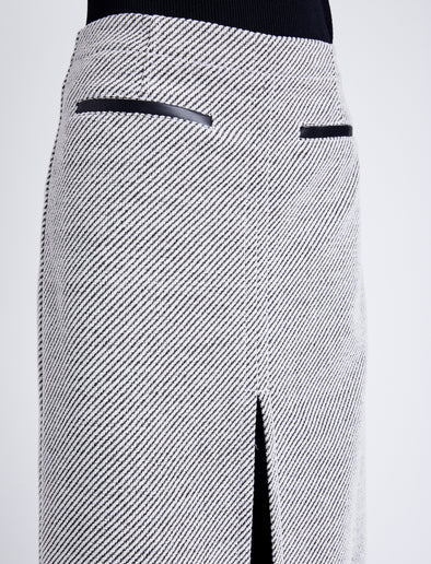 Proenza Schouler detail image of model wearing Kingsley Skirt in Soft Twill Coating in white/grey