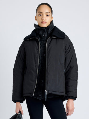 Proenza Schouler Front cropped image of model wearing Veronica Coat in Parachute Cotton in BLACK