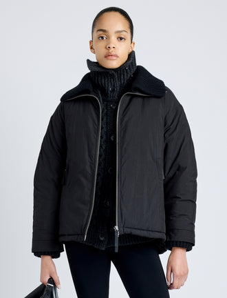 Proenza Schouler Front cropped image of model wearing Veronica Coat in Parachute Cotton in BLACK