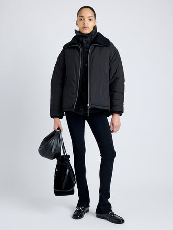 Proenza Schouler Front full length image of model wearing Veronica Coat in Parachute Cotton in BLACK